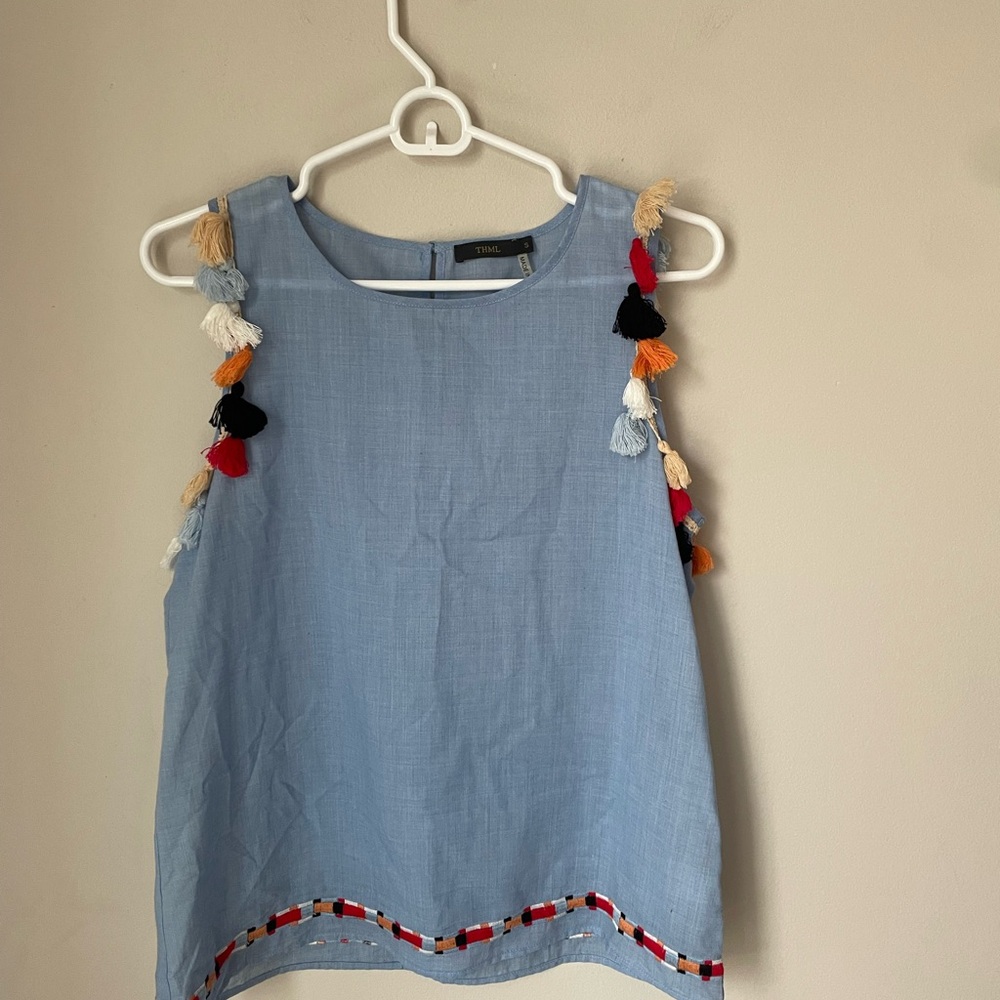THML Light Blue Sleeveless Tank with Multicolor Tassel Details